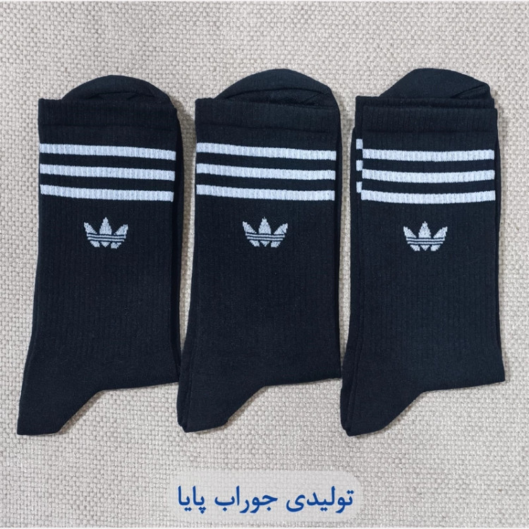 ک ۳ عددی جوراب مردانه طرح آدیداس مشکی با سه خط سفید و لوگوی اسپرت - پایا ساکس