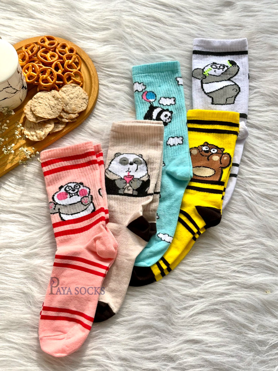 پک ۵ عددی جوراب ساقدار دخترانه با طرح پاندا و دوستان کیوت در رنگهای متنوع - پایا ساکس
