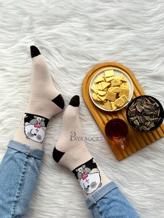 پاندا با نوشیدنی روی جوراب ساقدار کرمی کیوت دخترانه