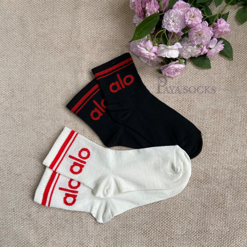 خرید پک ۲ تایی جوراب نیمساق دخترانه ورزشی طرح Alo سفید و مشکی پایا ساکس