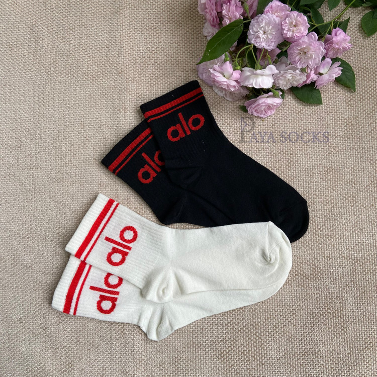 خرید پک ۲ تایی جوراب نیمساق دخترانه ورزشی طرح Alo سفید و مشکی پایا ساکس